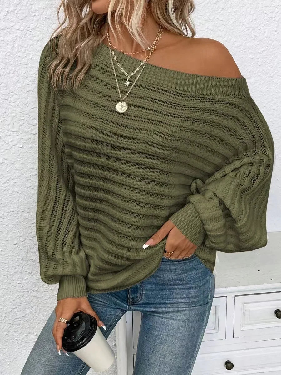 Peek A Boo Shoulder Batwing Sleeve Textured Knit Sweater My Store