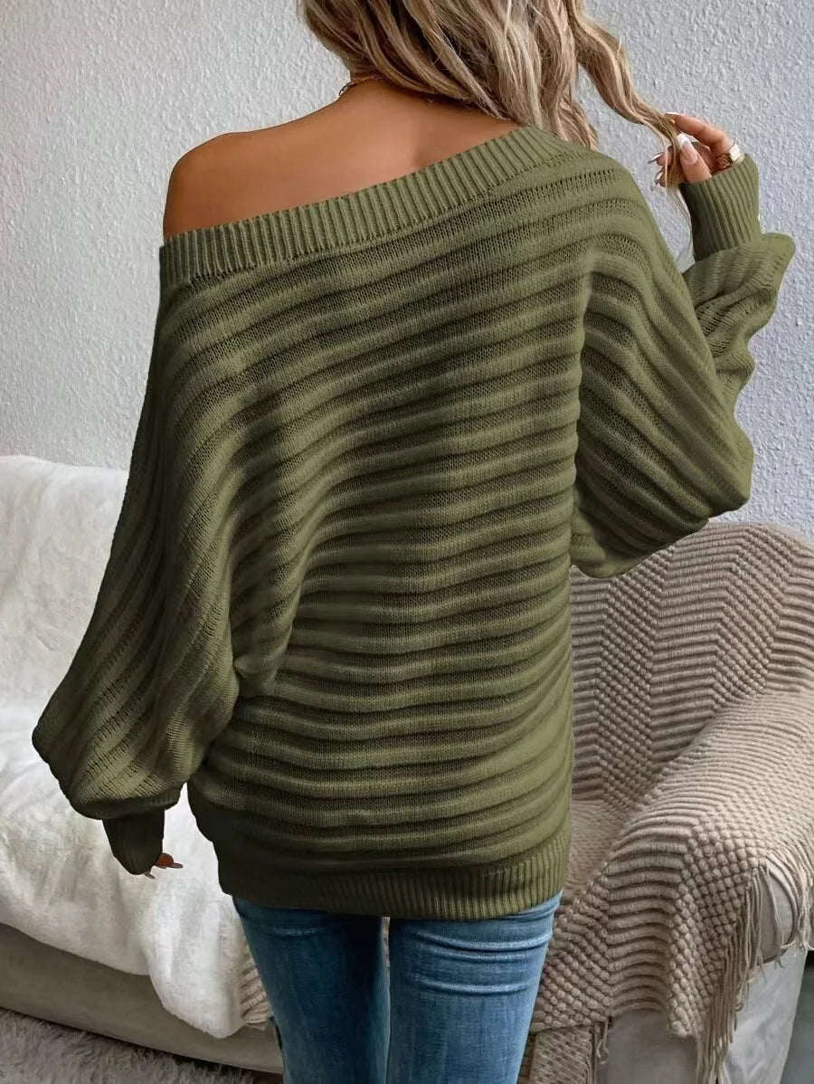 Peek A Boo Shoulder Batwing Sleeve Textured Knit Sweater My Store